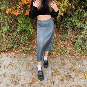 Elegant Gray Floral Silky Midi Skirt